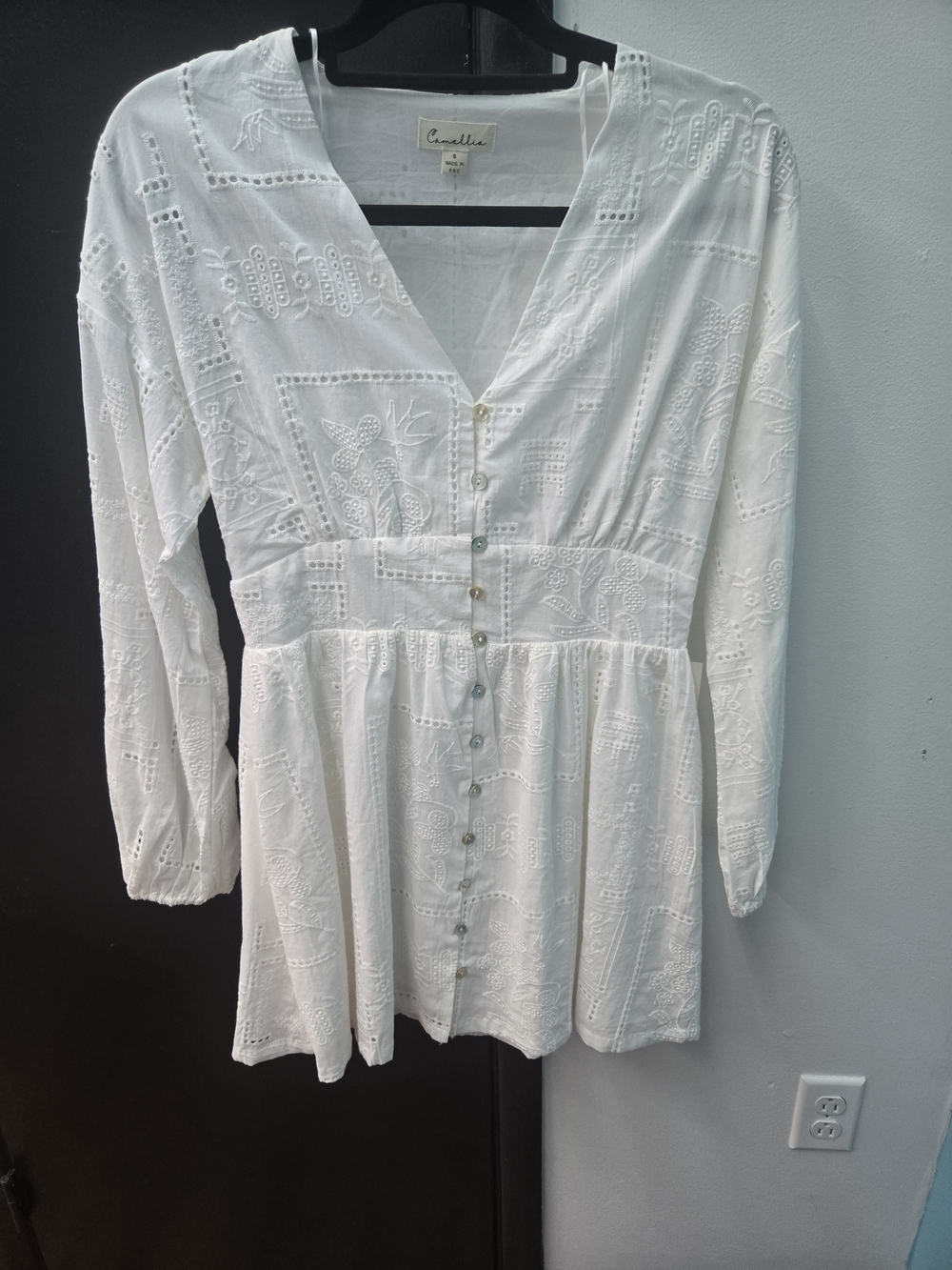 Camille White Embroidered Midi Dress with Button Front